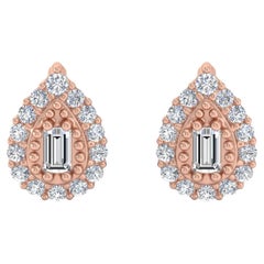 Boucles d'oreilles en or rose 14 carats avec diamants ronds baguettes SI/H de 0,30 carat