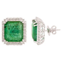 Orecchini a perno di smeraldo naturale dello Zambia SI/HI Diamante Oro bianco 14 carati Gioielli