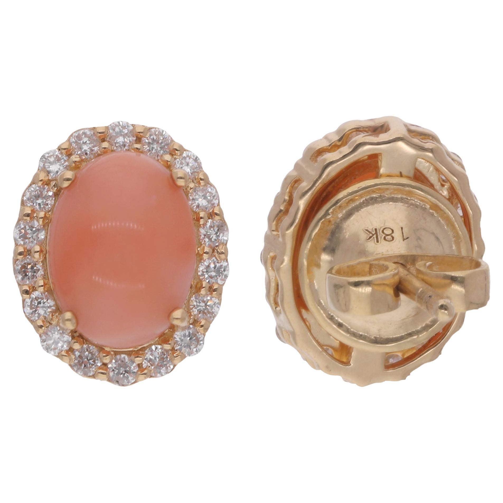 Oval Shape Coral Stud Earrings Diamond 18 Karat Yellow Gold Diamond Fine Jewelry For Sale