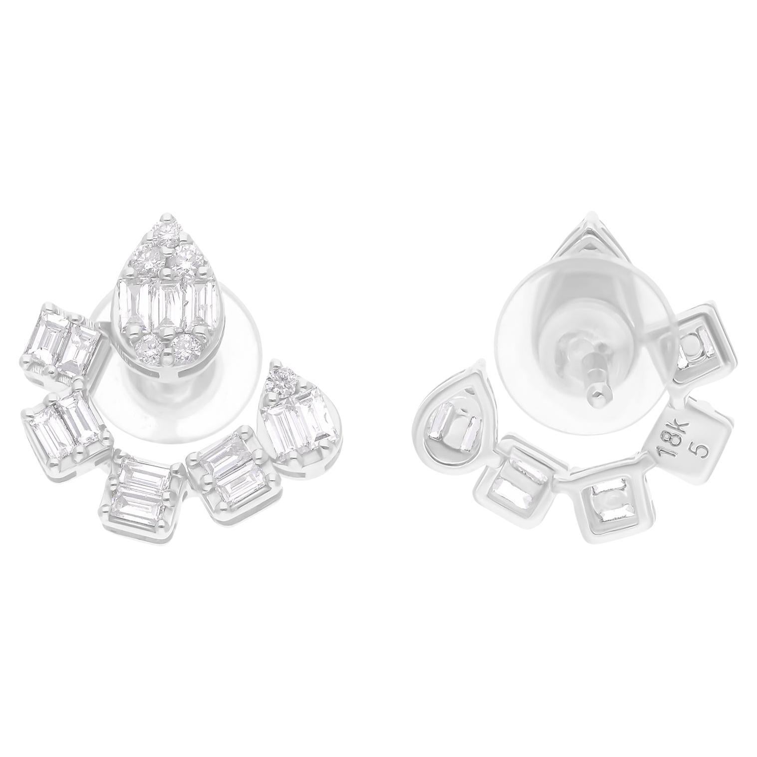 Boucles d
oreilles en or blanc 18 carats avec diamants ronds baguettes de 0,56 carat SI/H en vente