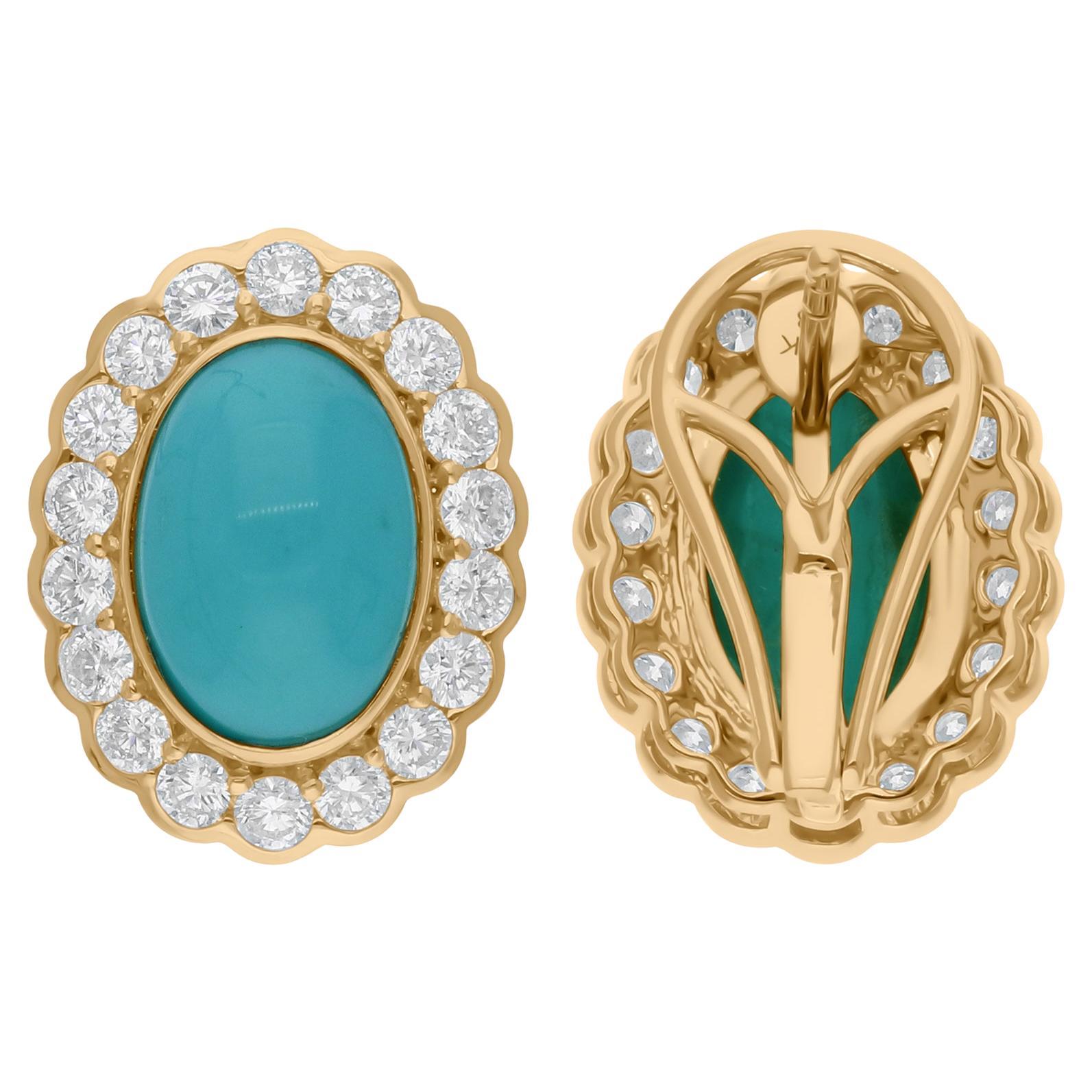 Boucles d
oreilles en or jaune 14 carats avec turquoises naturelles SI/H et diamants