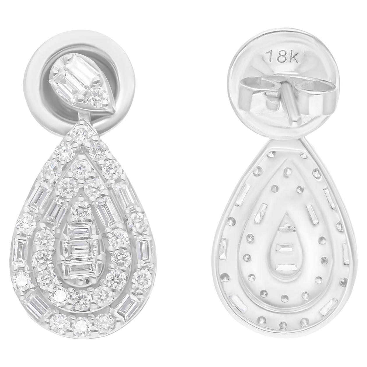 Boucles d
oreilles en or blanc 14 carats avec diamants ronds baguettes SI/H de 0,97 carat