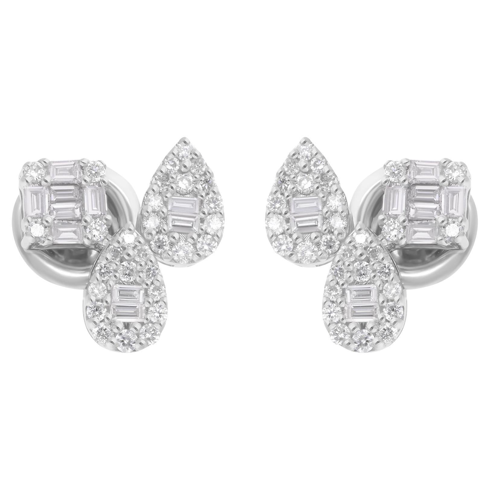 Natural 0.60 Carat SI/H Baguette Round Diamond Fine Earrings 14 Karat White Gold