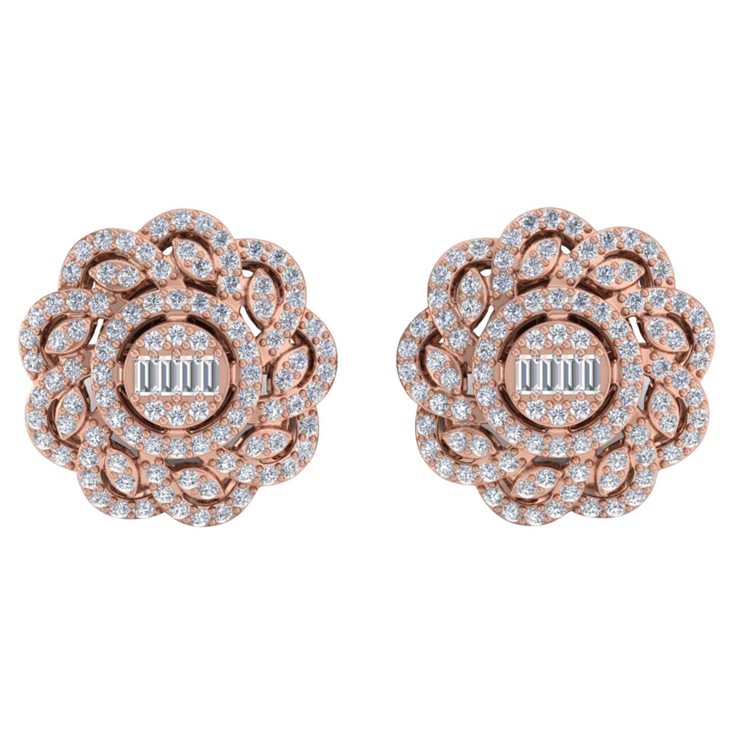 1,50 Carati SI/H Baguette Taglio Brilliante Diamante Orecchini a Fiore Oro Rosa 14k