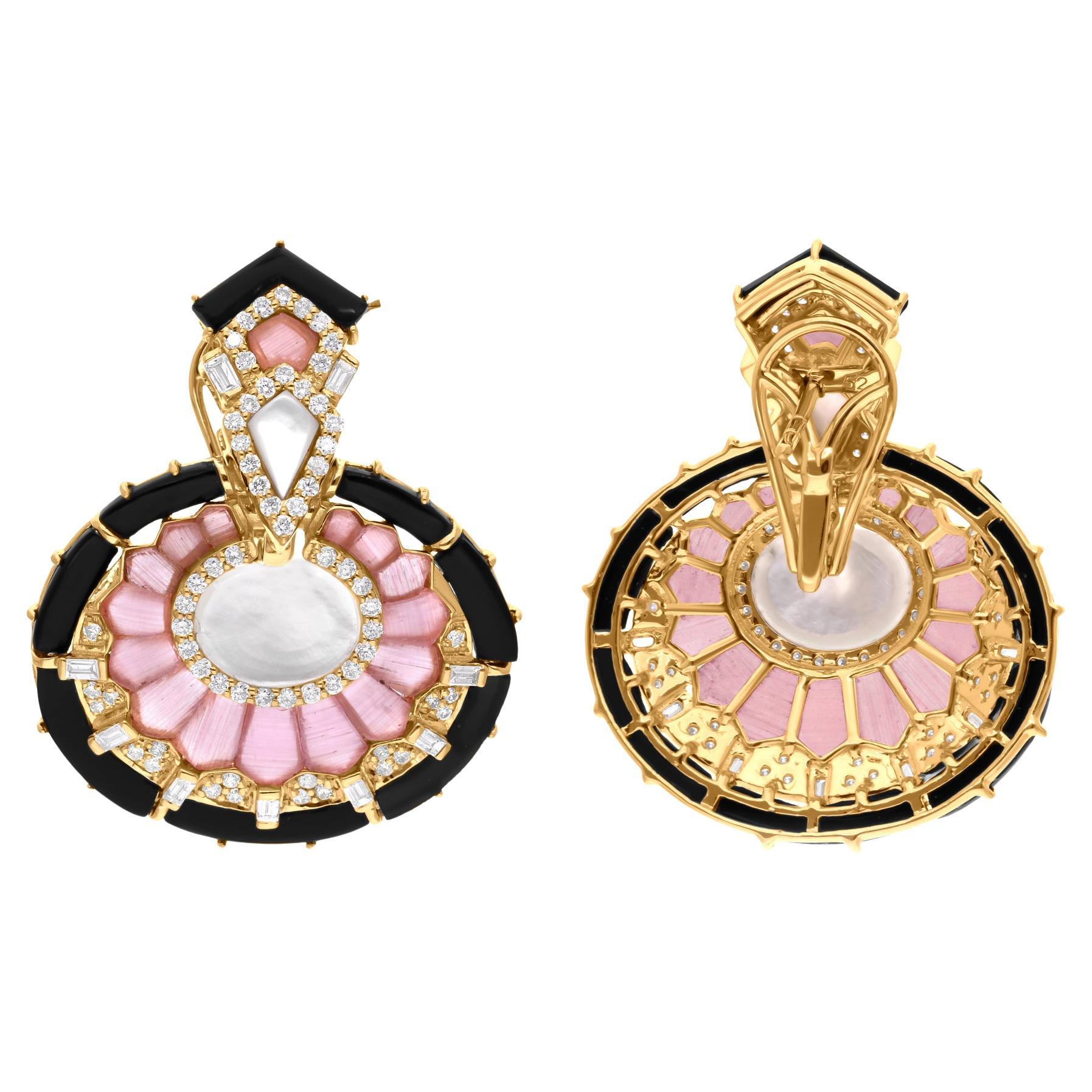 Orecchini penzolanti in onice nero H. Pink Opal MOP SI/H Diamond in oro giallo 14 carati