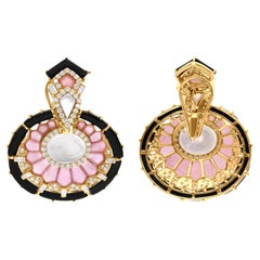 Real Black Onyx Pink Opal MOP Dangle Earrings SI/H Diamond 14 Karat Yellow Gold