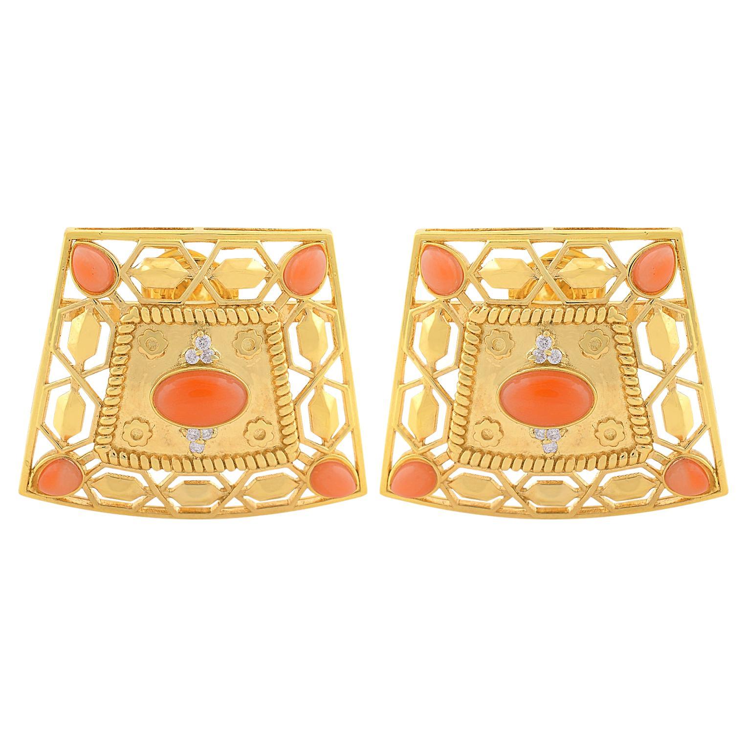 Pendientes de coral con filigrana de oro amarillo macizo de 14k y diamantes Joyería fina