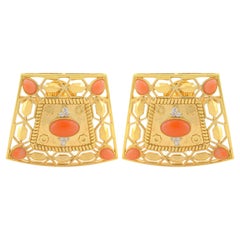 Pendientes de coral con filigrana de oro amarillo macizo de 14k y diamantes Joyería fina