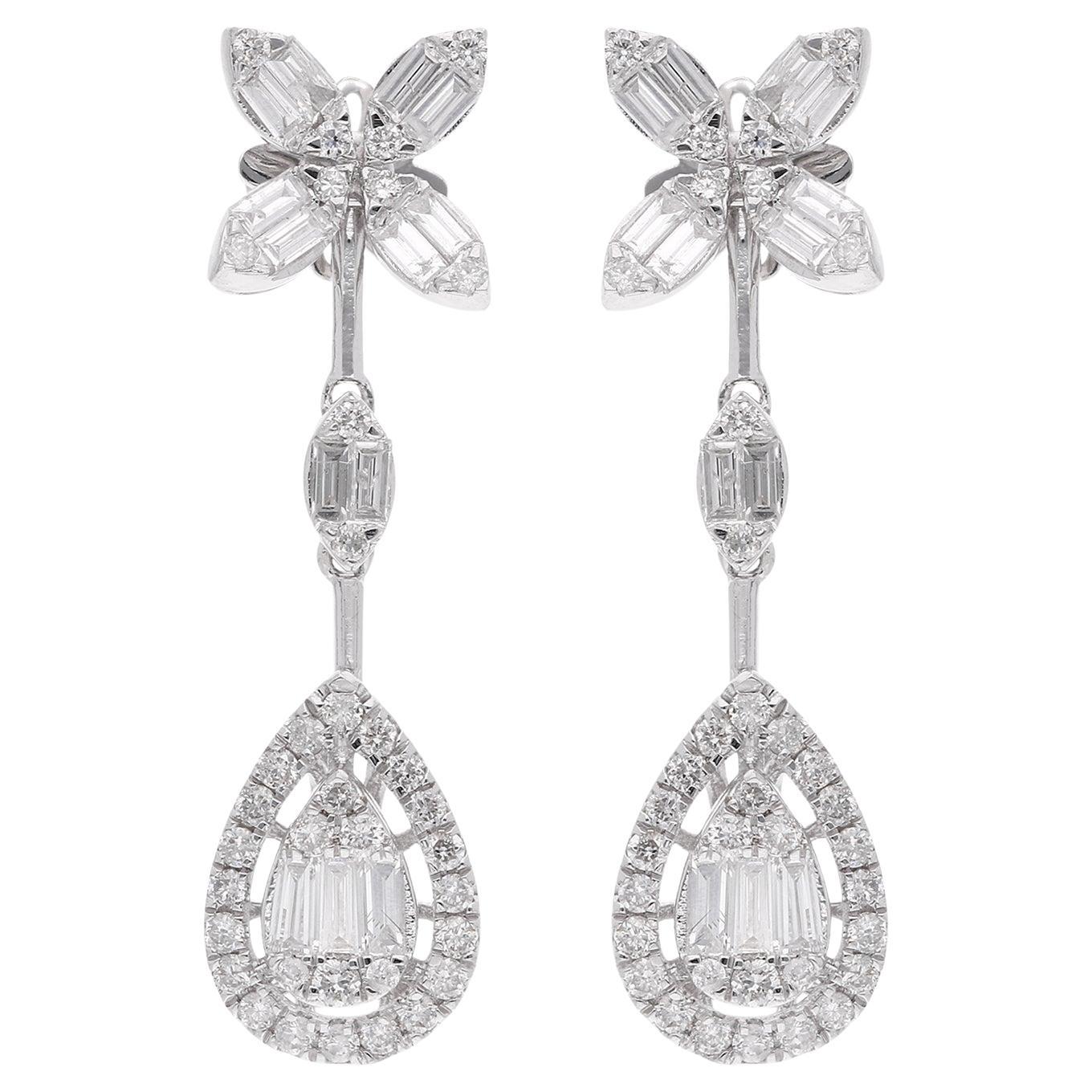 Orecchini a pendente con diamante Baguette di colore naturale SI, chiarezza HI, oro bianco 18 carati
