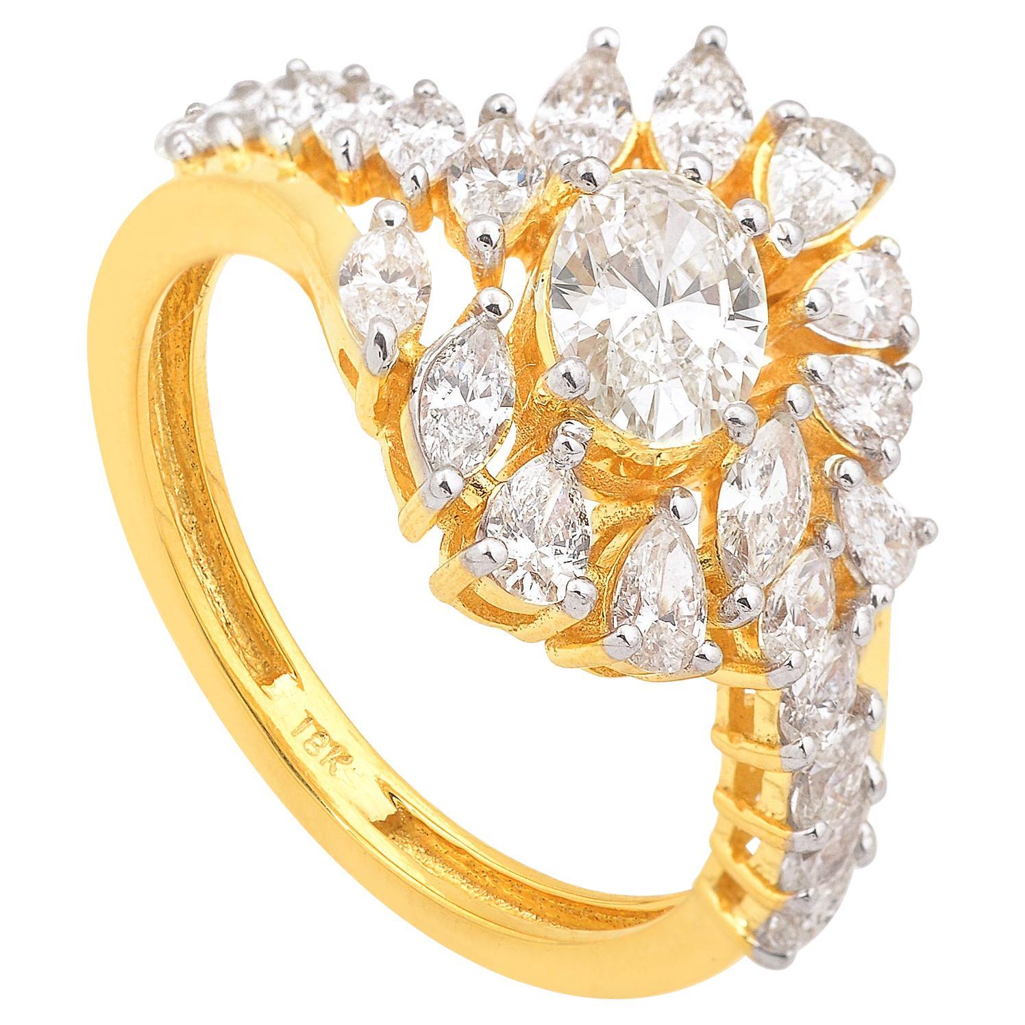 Bague cocktail en or jaune 14 carats SI/HI avec diamants ovales et marquises poires de 1,82 carat
