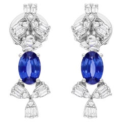 Orecchini pendenti con pietra preziosa zaffiro blu SI/H Baguette Diamond Oro bianco 18 carati