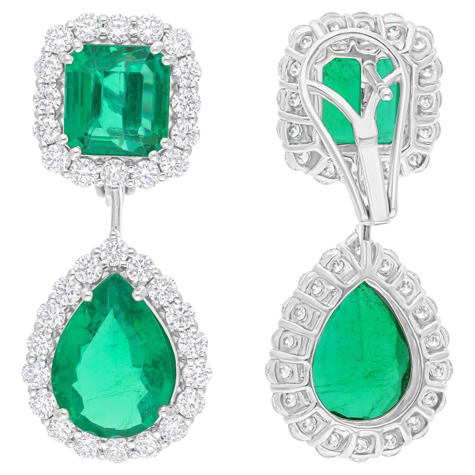 Orecchini pendenti in oro bianco 18K con smeraldo reale dello Zambia H/SI da 14,16 TCW e diamante rotondo