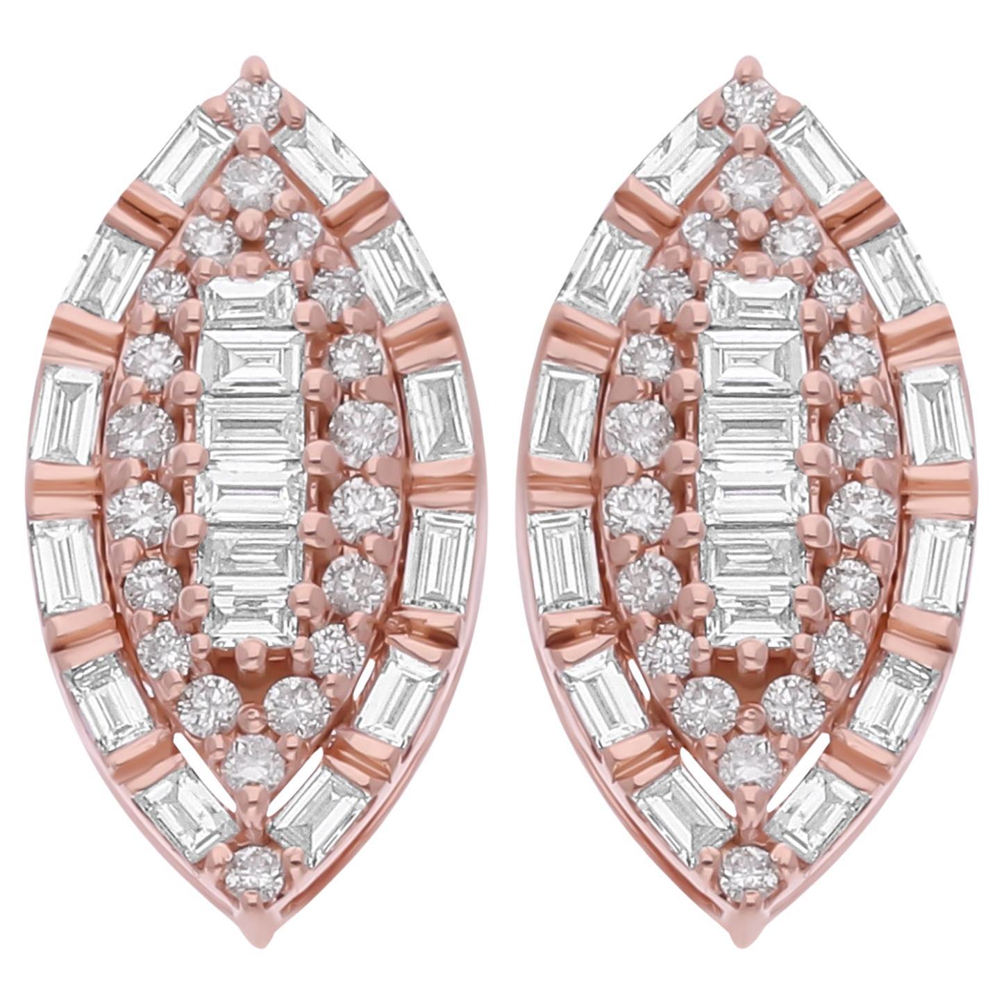 Natural 0.6 Carat SI/H Baguette Diamond Stud Earrings 14 Karat Rose Gold Jewelry