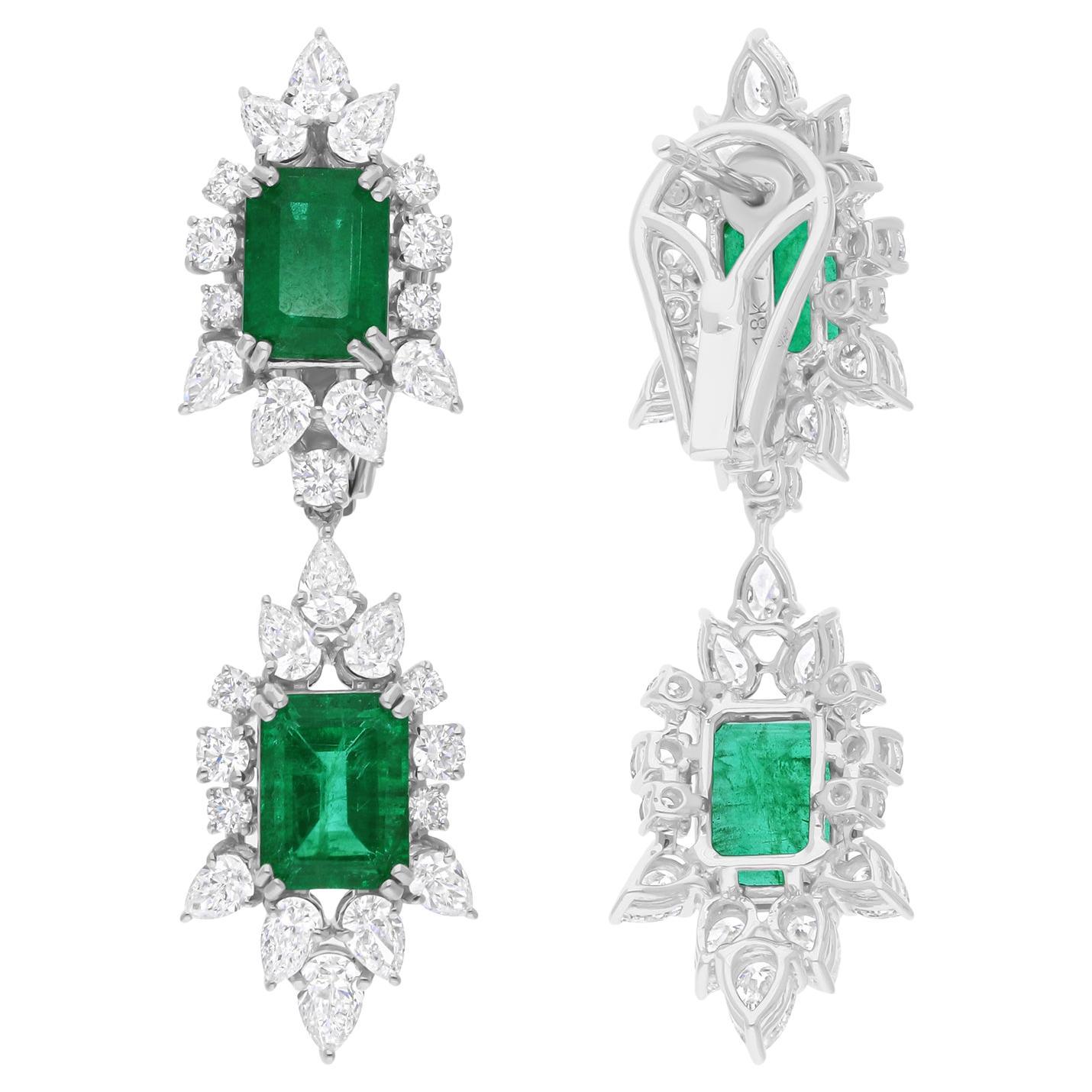 Nature Emeraude Zambienne Dangle Earrings SI/H Diamond 14 Karat White Gold Jewelry