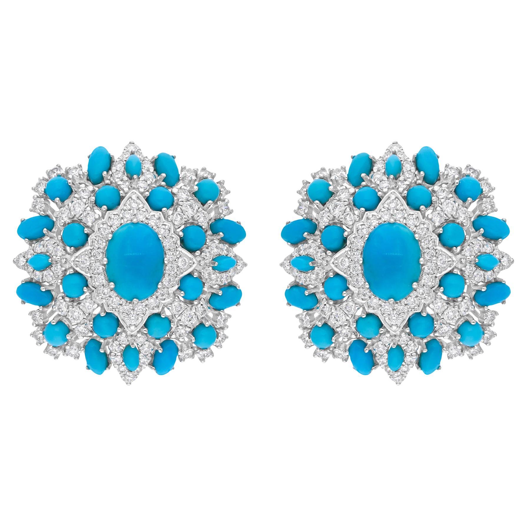Natural Turquoise Gemstone Earrings SI/H Diamond 14 Karat White Gold Jewelry For Sale