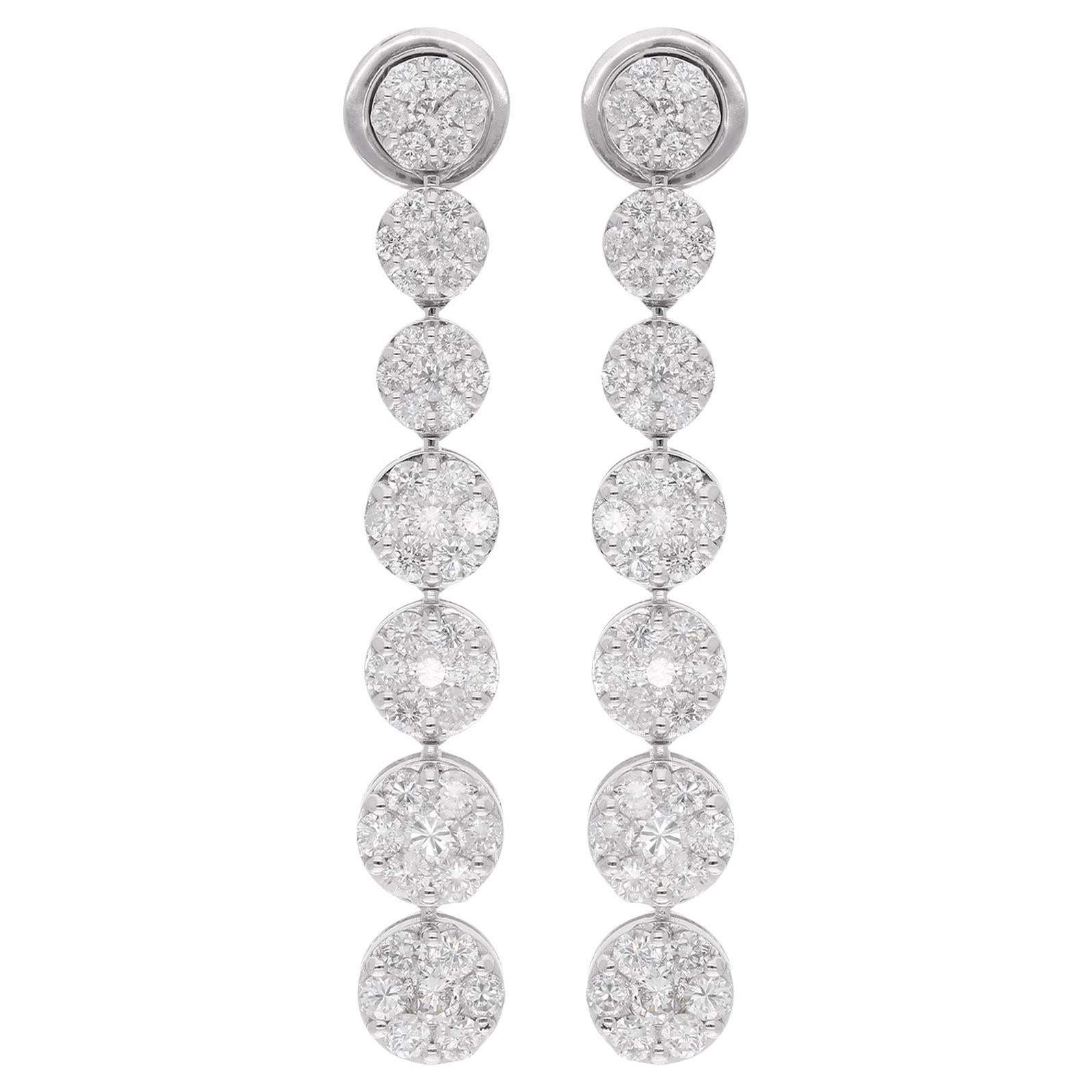 Longues boucles d
oreilles pendantes en or blanc 14 carats avec diamants pavés de 3,2 carats, fabrication artisanale