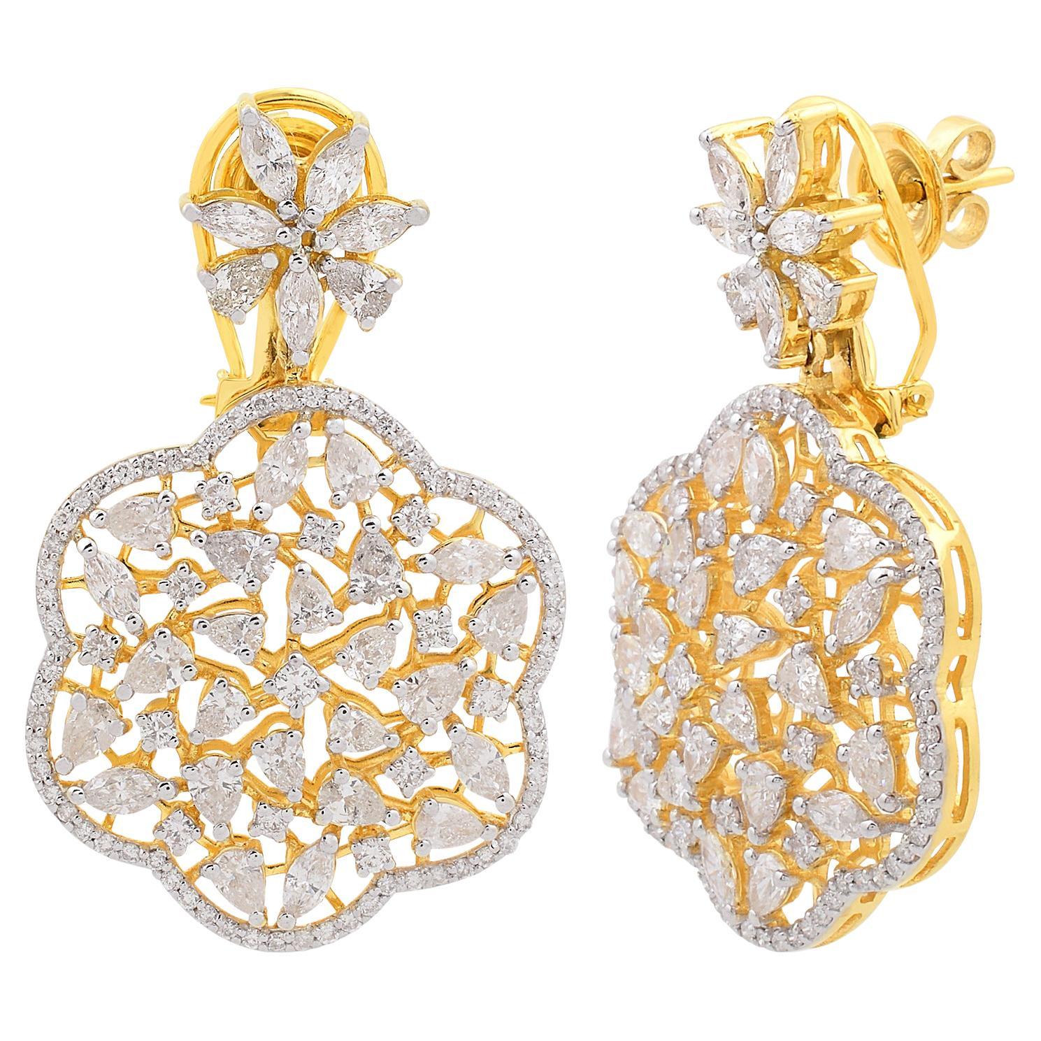 5,76 ct SI/HI Orecchini pendenti con diamanti tondi e marquise a forma di pera in oro giallo 14 carati