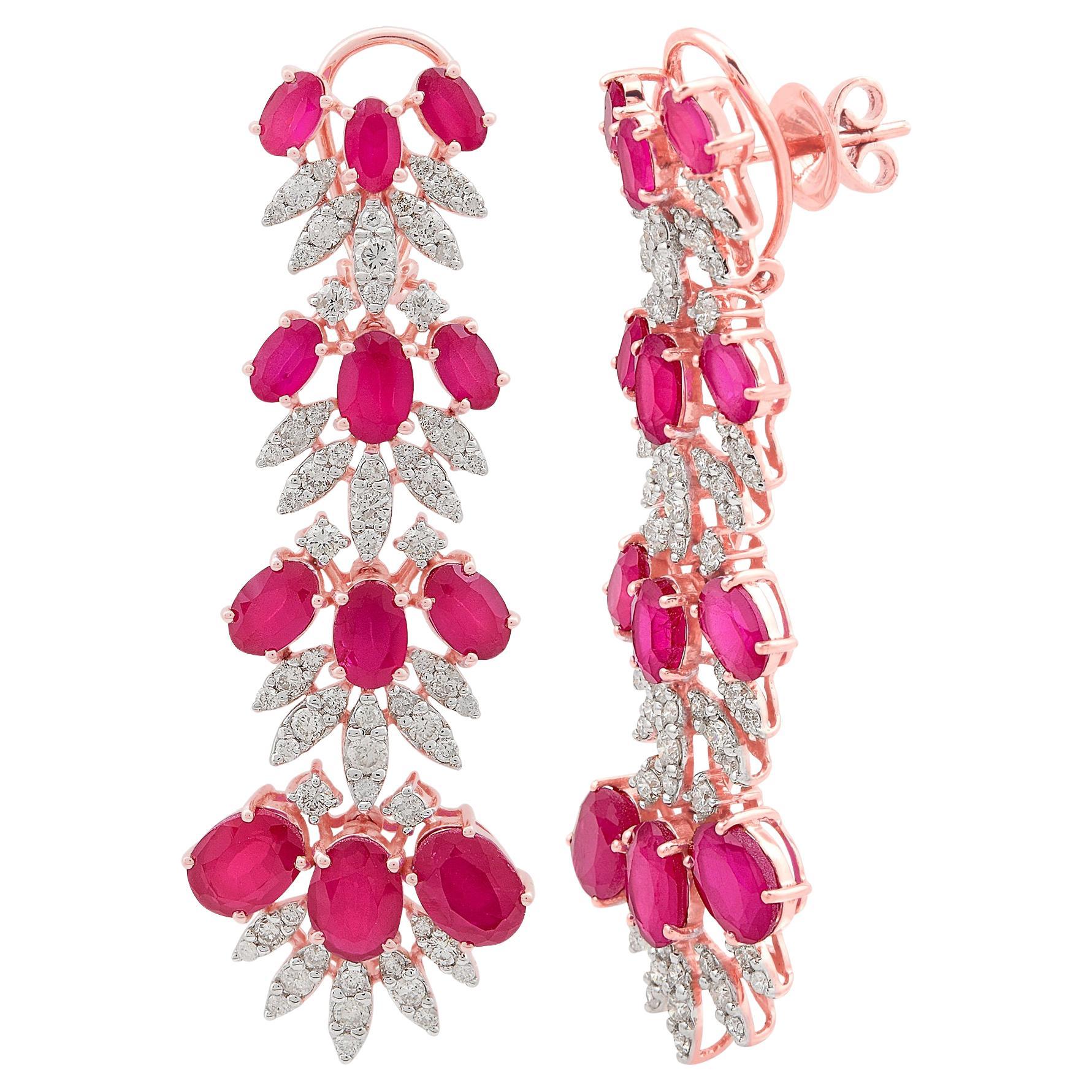 Orecchini pendenti con pietra rossa lavorata Diamante Oro rosa 18 carati Gioielli di pregio