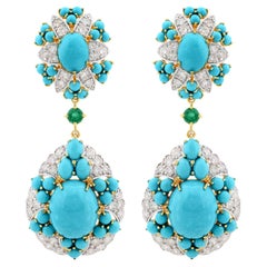 Arizona Turquoise Diamond Dangle Earrings with Emerald 18 Karat Yellow Gold