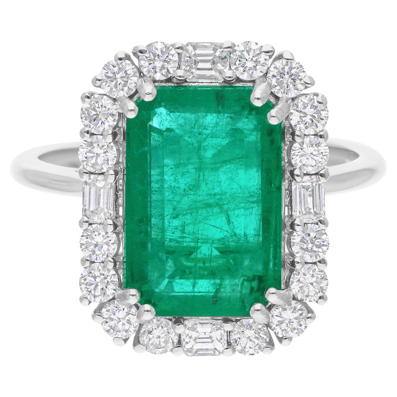Anello Cocktail con pietra smeraldo dello Zambia SI/H Diamante Gioielli in oro bianco 14 carati