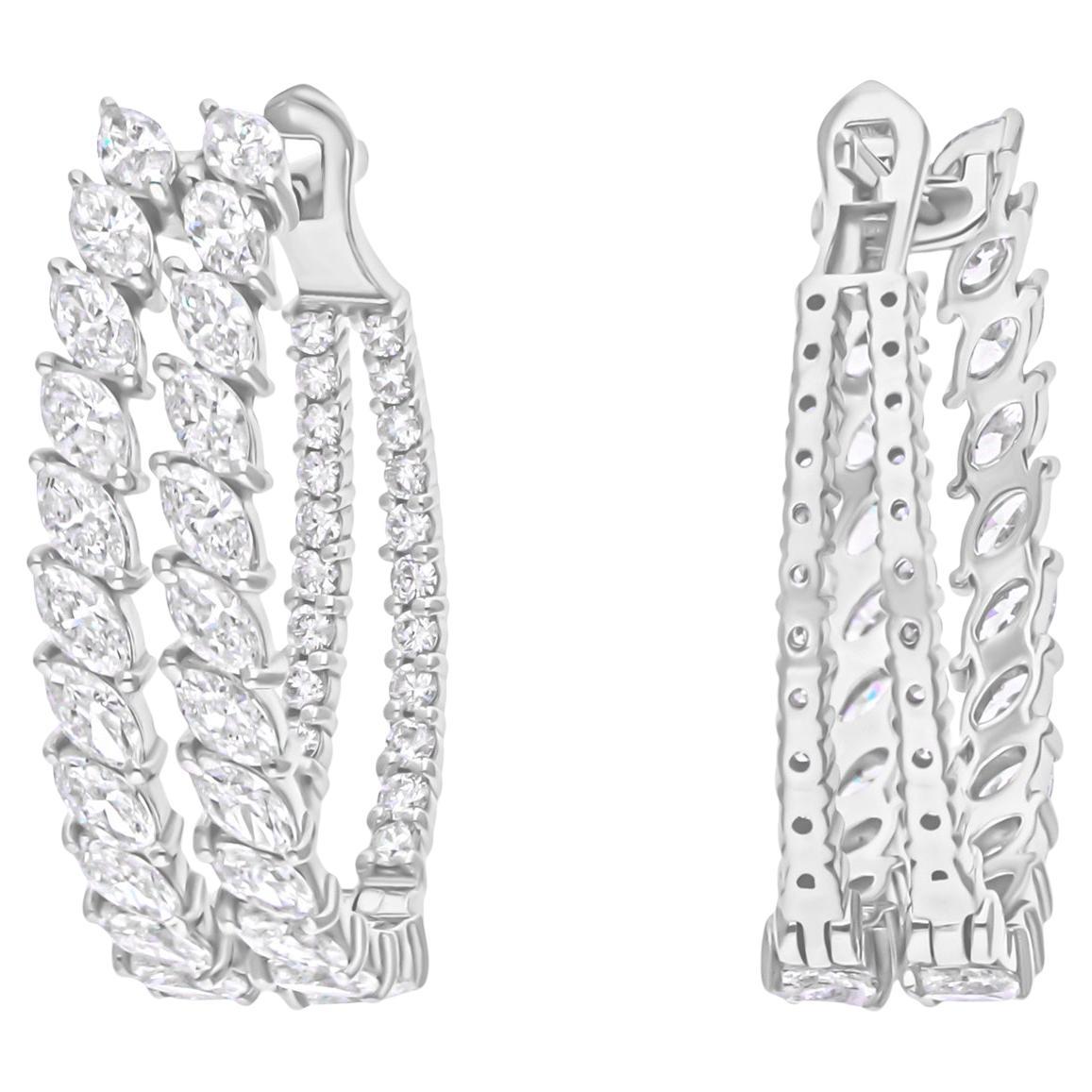 Créoles en or blanc 18 carats avec diamants ronds marquises de 3,15 carats SI/H