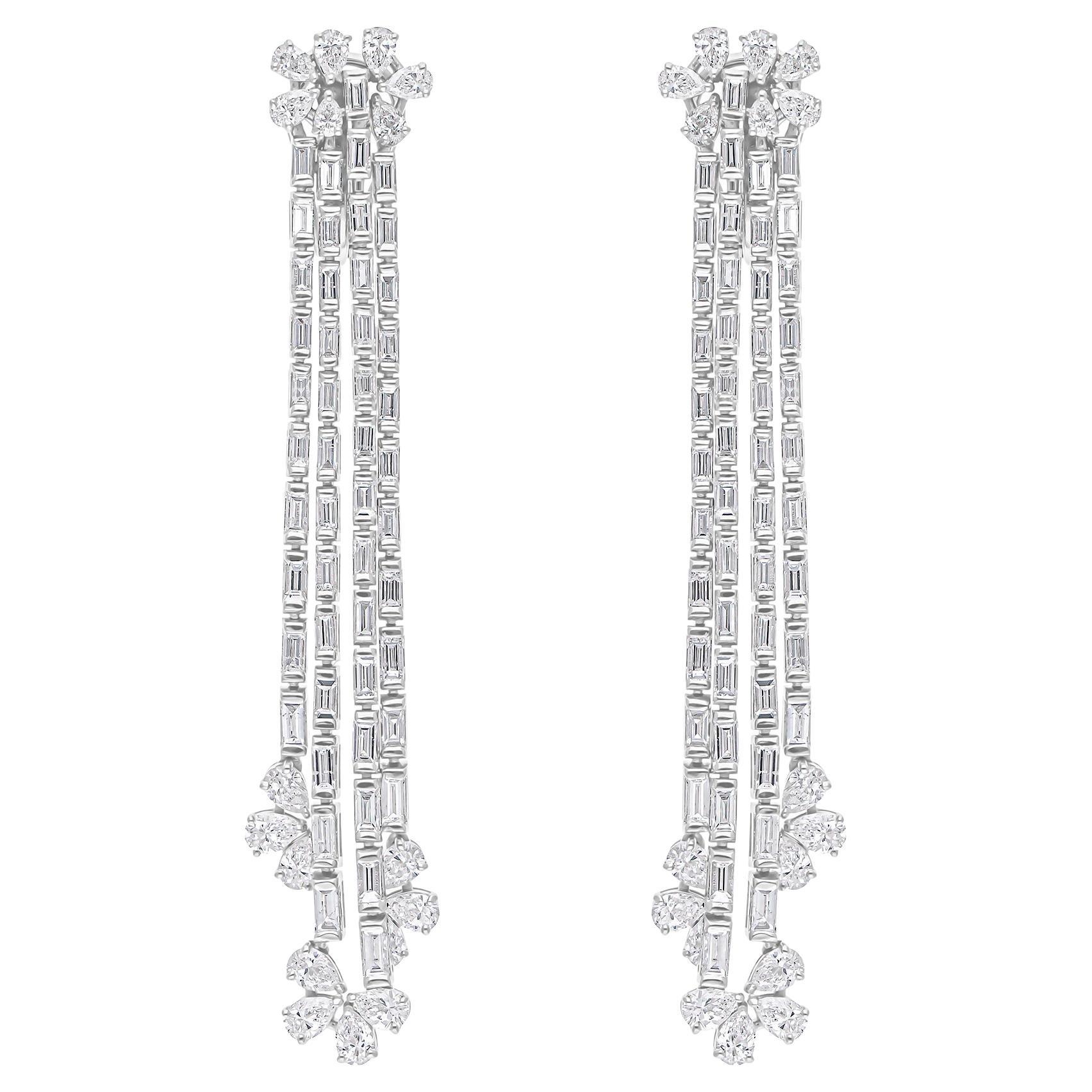 7,20 Carati SI/H Pear Baguette Diamond Chandelier Earrings 14 Karat White Gold
