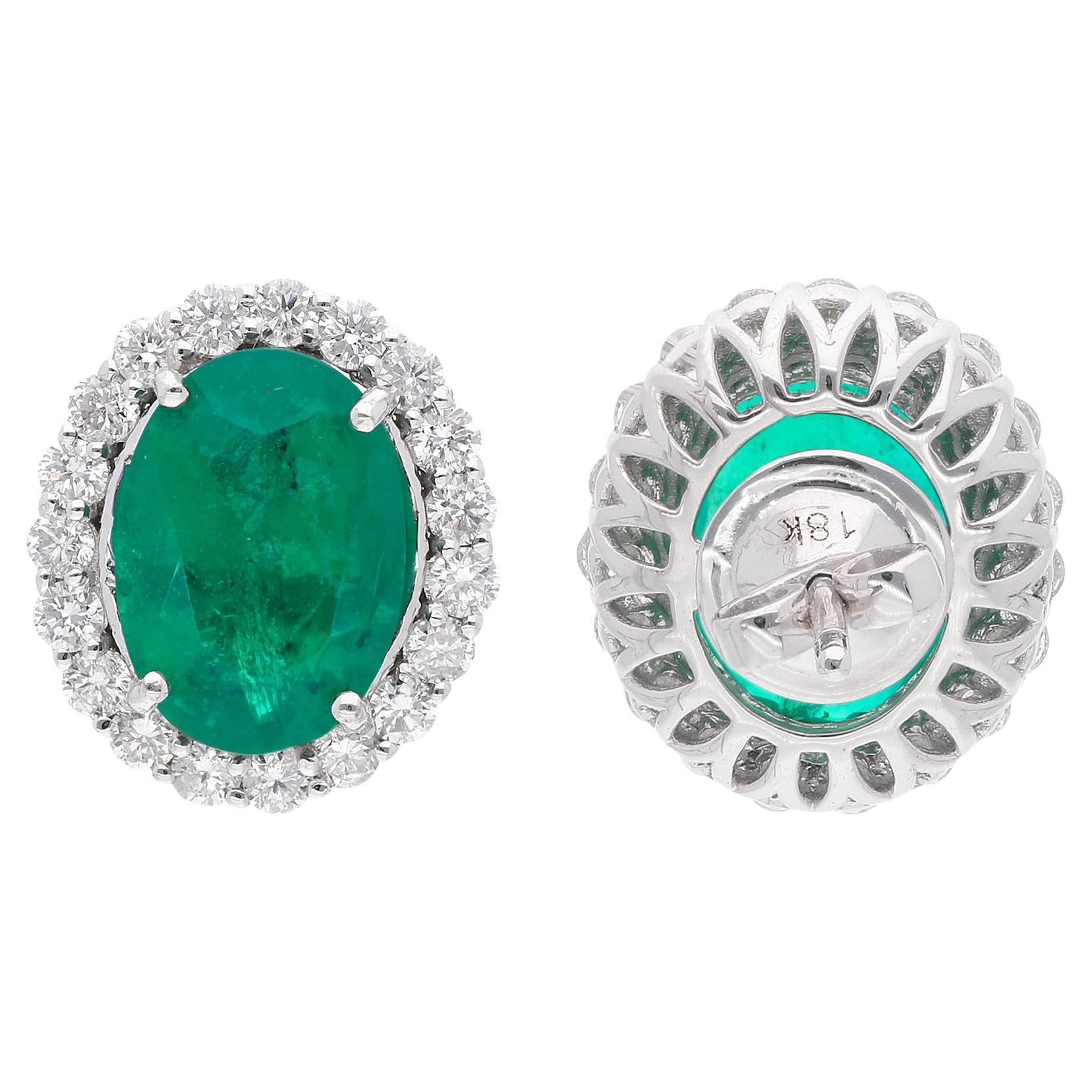 Ohrringe 5,91 Karat ovaler sambischer Smaragd 1,20 Karat SI/H Diamant 18k Weißgold