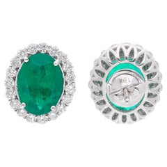 Ohrringe 5,91 Karat ovaler sambischer Smaragd 1,20 Karat SI/H Diamant 18k Weißgold