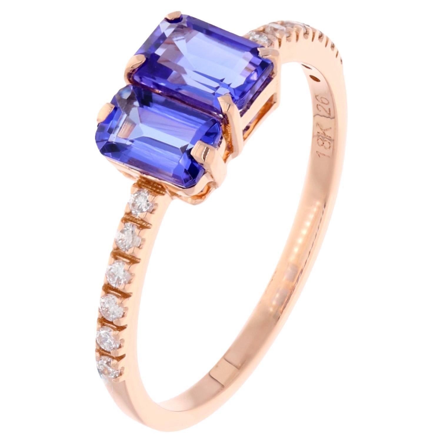 Anillo de tanzanita talla esmeralda con pavé de diamantes Oro rosa de 18 quilates Joyería fina Moderno en venta
