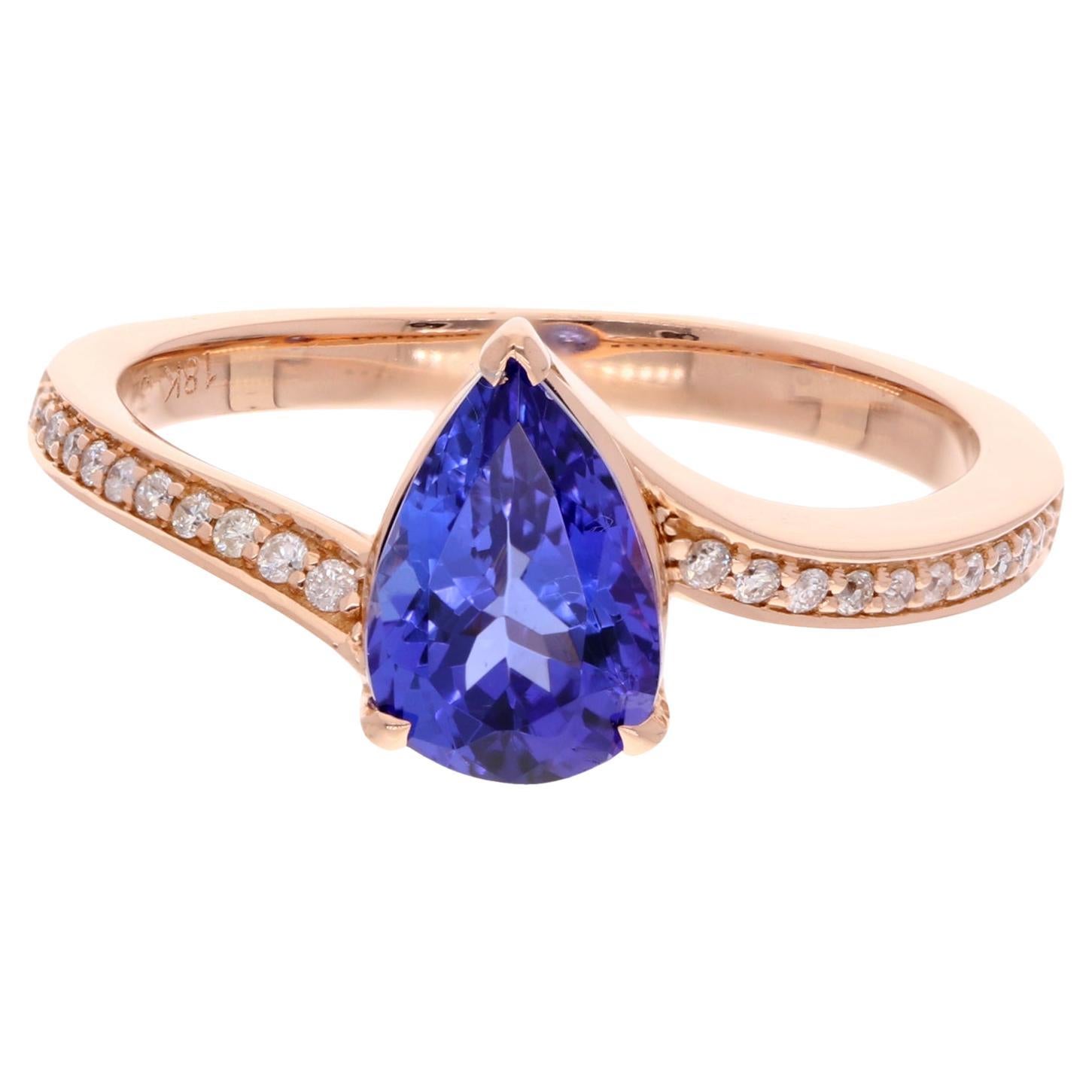 1.58 Carat Pear Shape Tanzanite Ring 0.10 Ct Pave Diamond 18 Karat Rose Gold