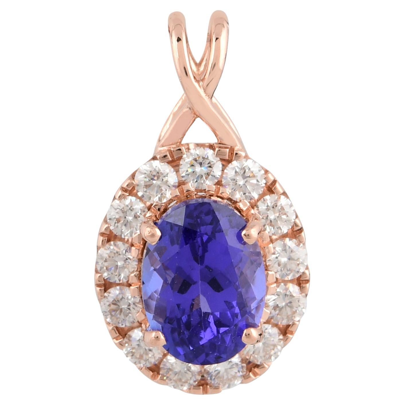 Charm di tanzanite ovale da 1,58 carati Ciondolo con pavé di diamanti da 0,40 carati Oro rosa 18 carati