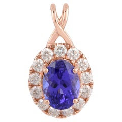 Charm di tanzanite ovale da 1,58 carati Ciondolo con pavé di diamanti da 0,40 carati Oro rosa 18 carati