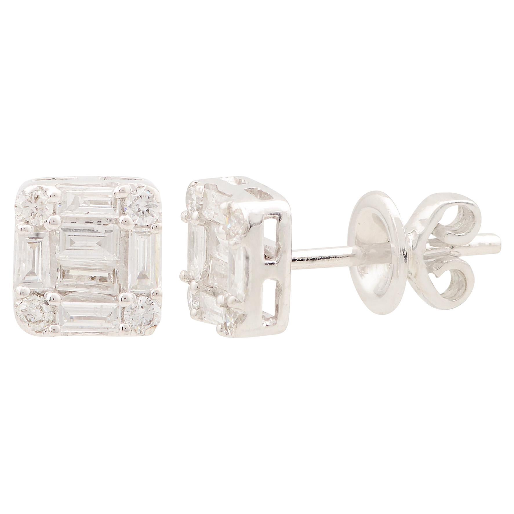 0,37 Carati SI/H Baguette Diamond 10 Karat White Gold Cushion Stud Tiny Earrings