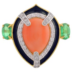 4.3 Carat Pear Coral Emerald 0.60 Ct Diamond 14k Yellow Gold Enamel Ring Jewelry