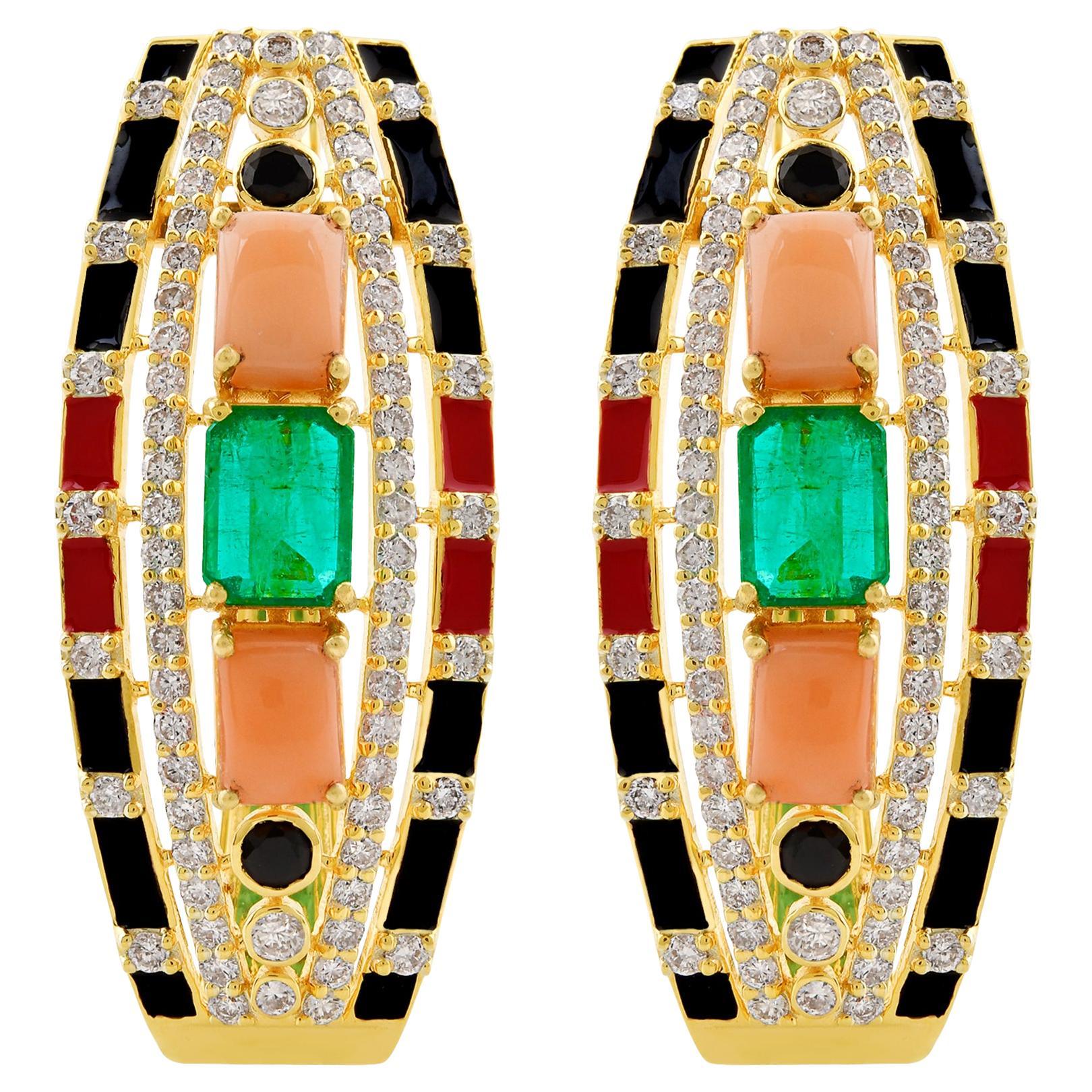 Black Onyx Coral Emerald Stud Earrings Diamond 18k Yellow Gold Enamel Jewelry