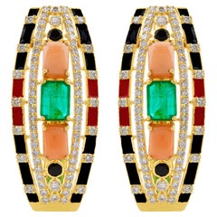 Orecchini di onice nero, corallo, smeraldo, diamante, oro giallo 18 carati, smalto, gioielli