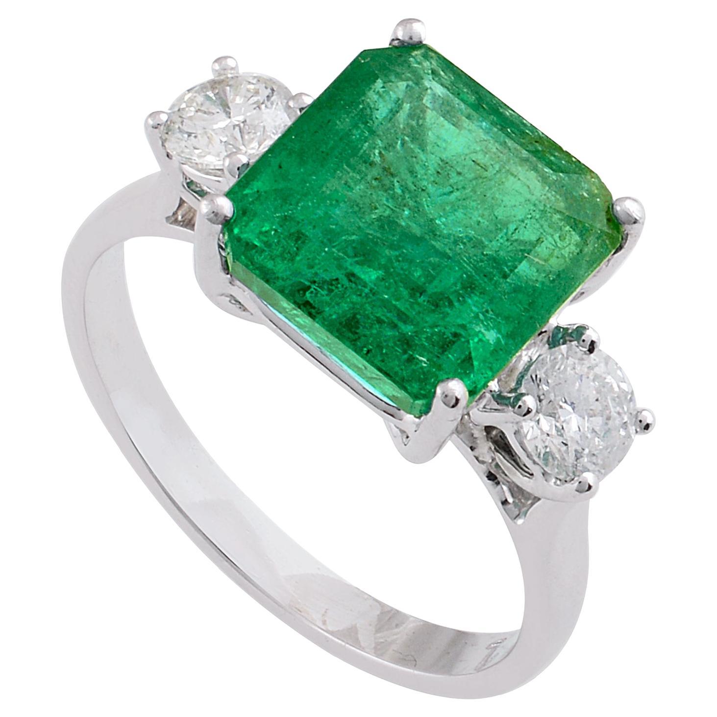 4.57 Carat Emerald Cocktail Ring 0.53 Carat Diamond 18 Karat White Gold Jewelry