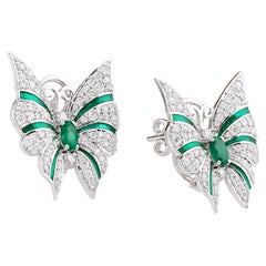 Boucles d'oreilles papillon en or blanc 18 carats avec émeraude de Zambie 0,55 carat et diamants 1,30 carat