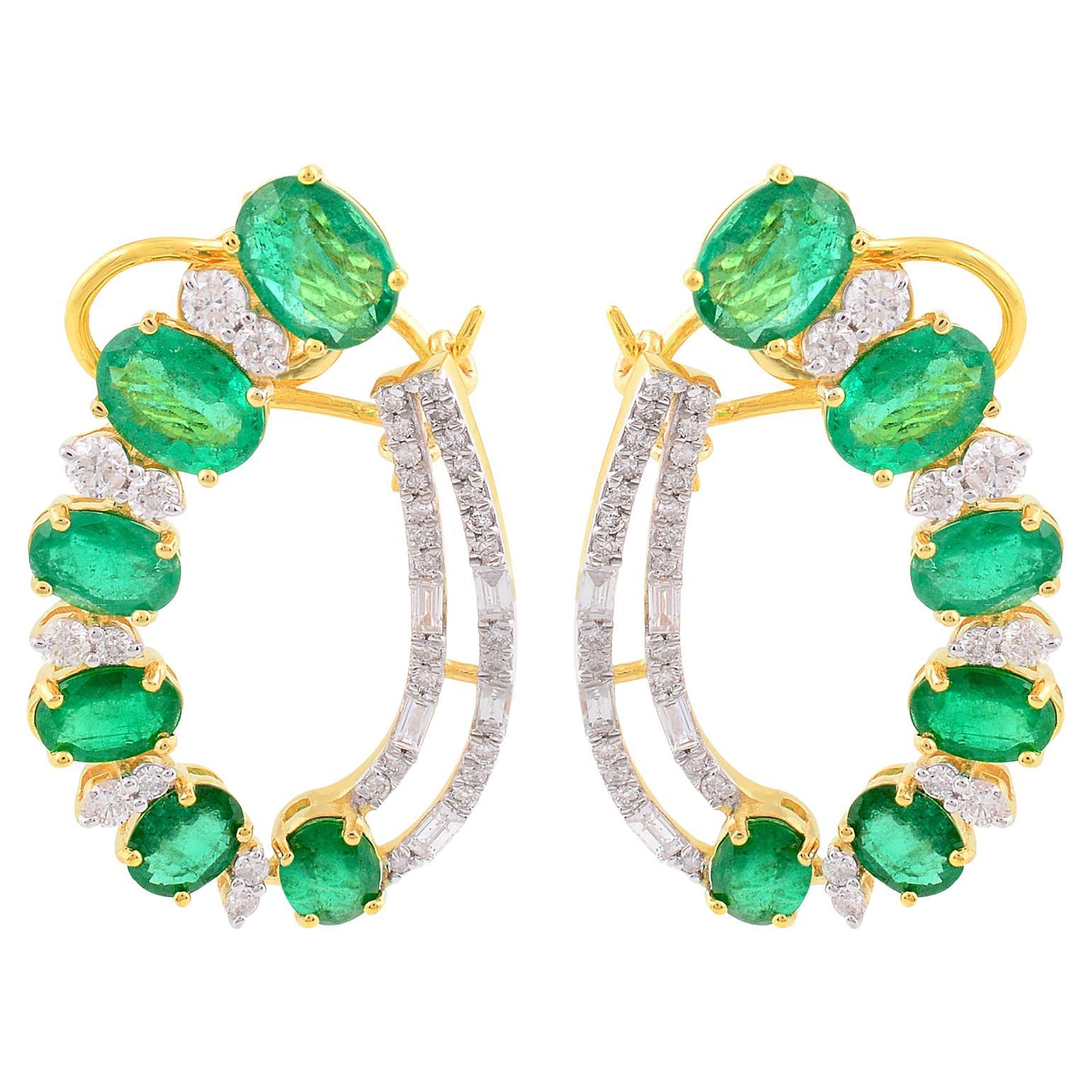 Boucles d'oreilles Emeraude Ovale Naturelle Pave Diamant Solide Or Jaune 18k Bijoux