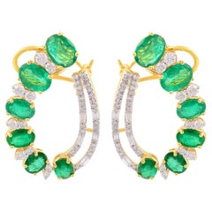 Boucles d'oreilles Emeraude Ovale Naturelle Pave Diamant Solide Or Jaune 18k Bijoux