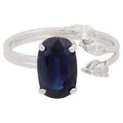 Forma ovalada Zafiro azul Piedra preciosa Anillo puño Diamante Joyería de oro blanco de 10 quilates