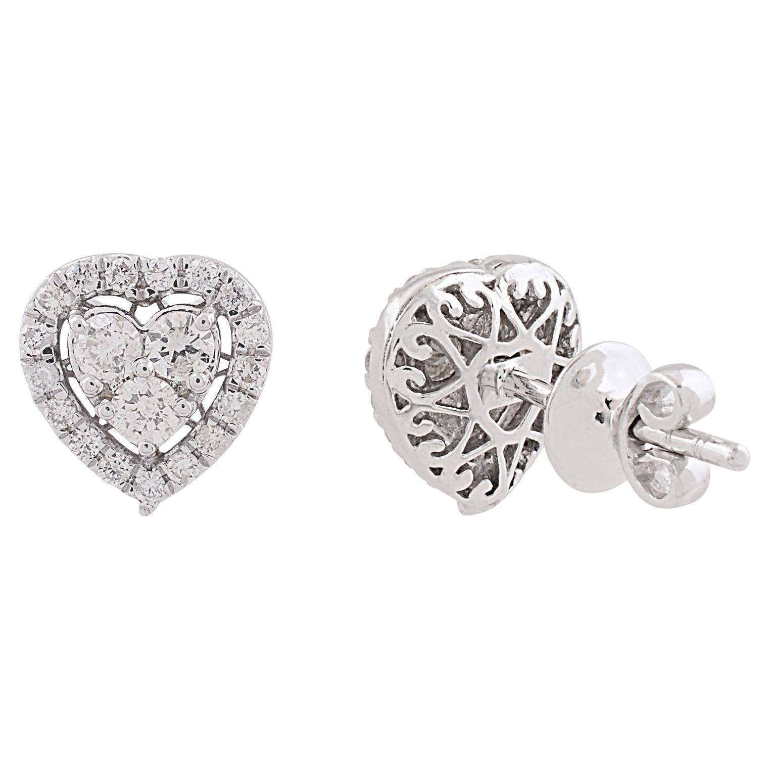 Pendientes Corazón Diamante Redondo SI/HI Natural 0,53 Quilates Joyas de Oro Blanco 10k