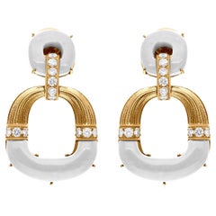 Mother of Pearl Dangle Earrings SI Clarity HI Color Diamond 18 Karat Yellow Gold