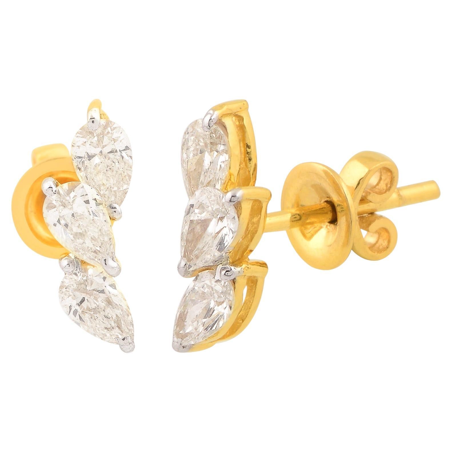 Clous d'oreilles minimalistes en or jaune 18 carats avec diamants poire de 0,92 carat