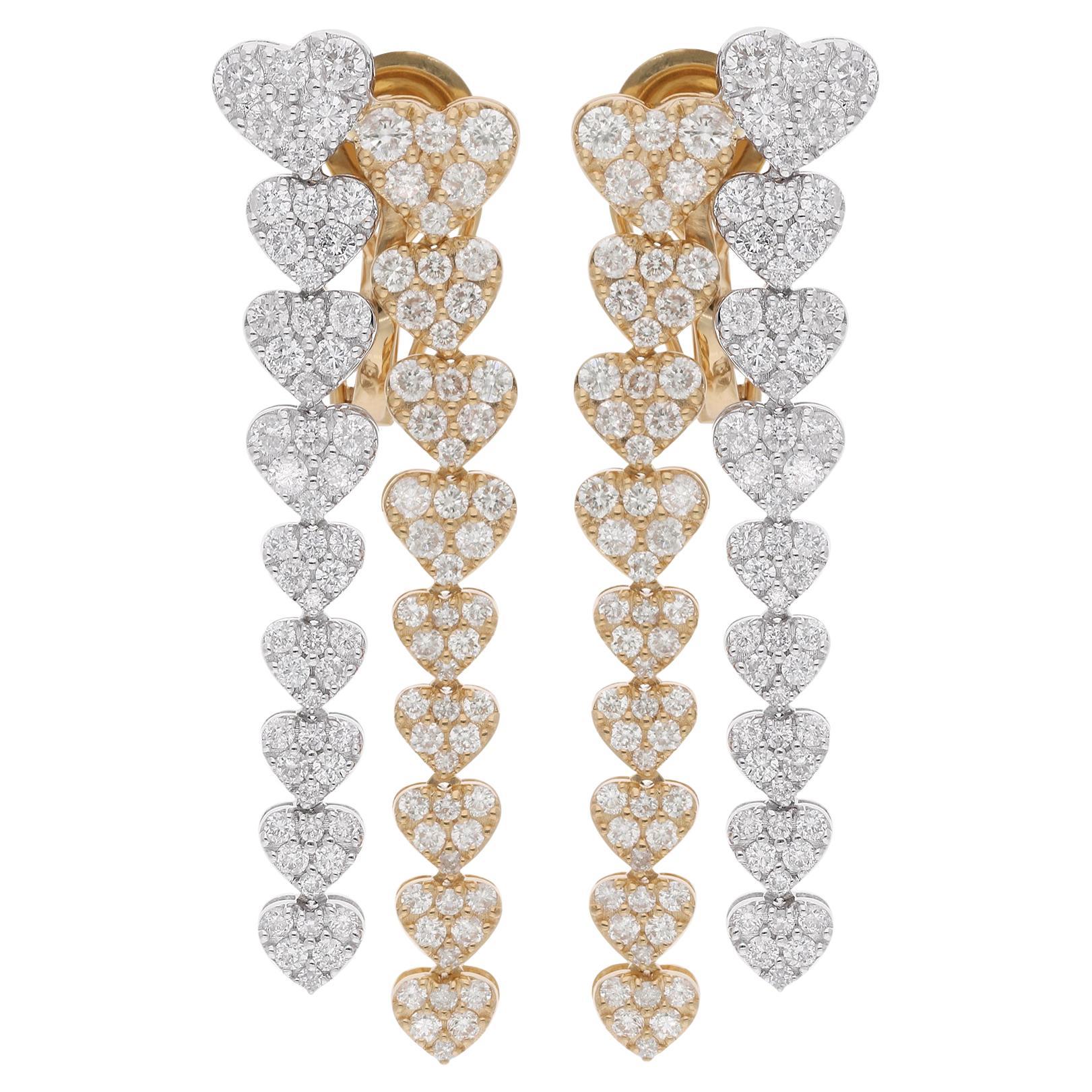 Real 3.36 Carat Diamond Multi Heart Dangle Earrings 18 Karat Yellow White Gold For Sale