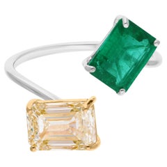 Emerald Cut Zambian Emerald Wrap Ring SI/H Diamond 18 Karat Yellow White Gold Emerald Cut Zambian Emerald Wrap Ring SI/H Diamond 18 Karat Yellow White Gold