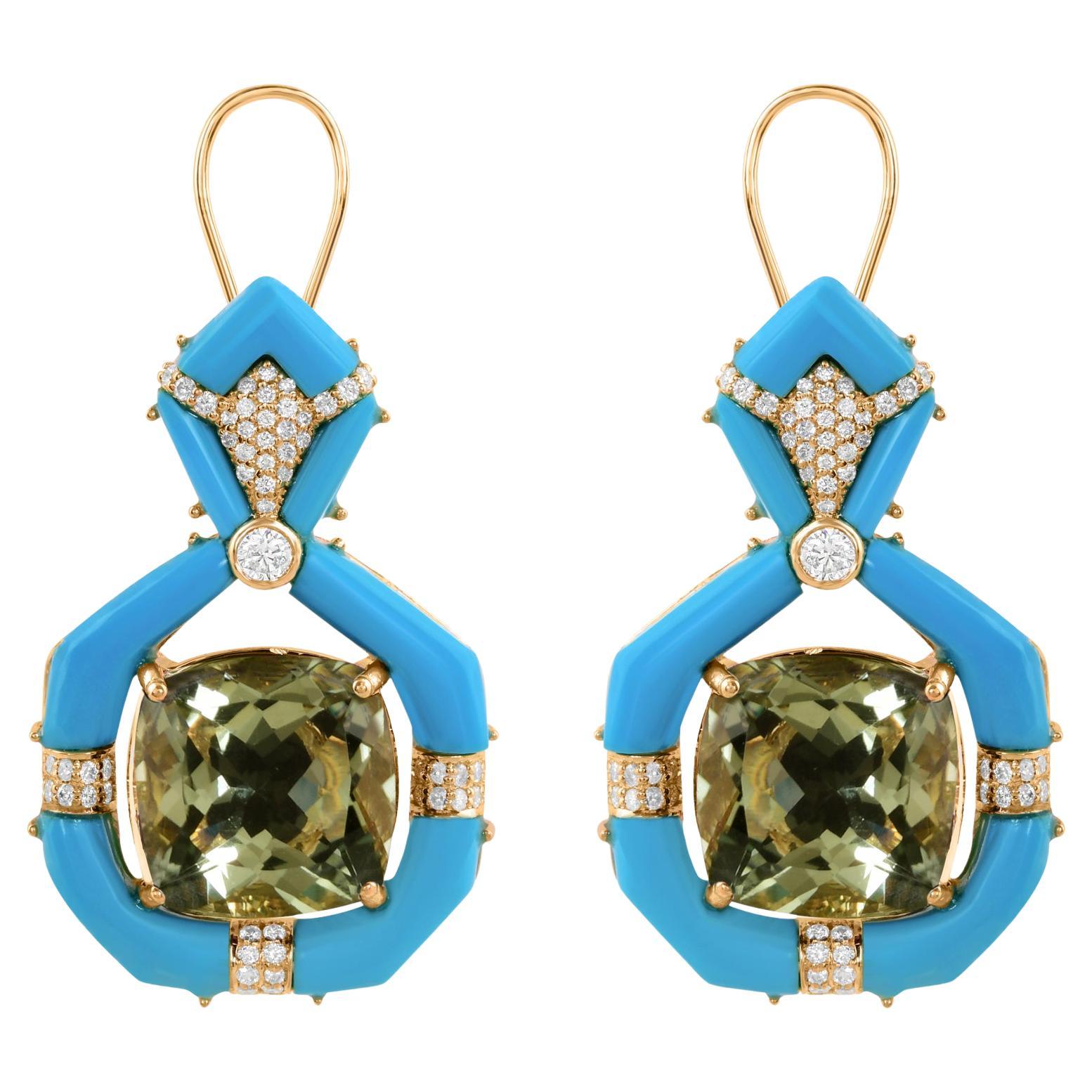 Grüner Amethyst Edelstein Ohrringe Türkis Diamant 18 Karat Weißgold