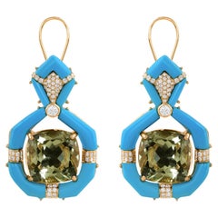 Pendientes Colgantes Amatista Verde Diamante Turquesa Oro Blanco 18 Kilates