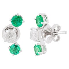 0.77 Carat Zambian Emerald 1.32 Carat SI/H Diamond Earrings 18 Karat White Gold