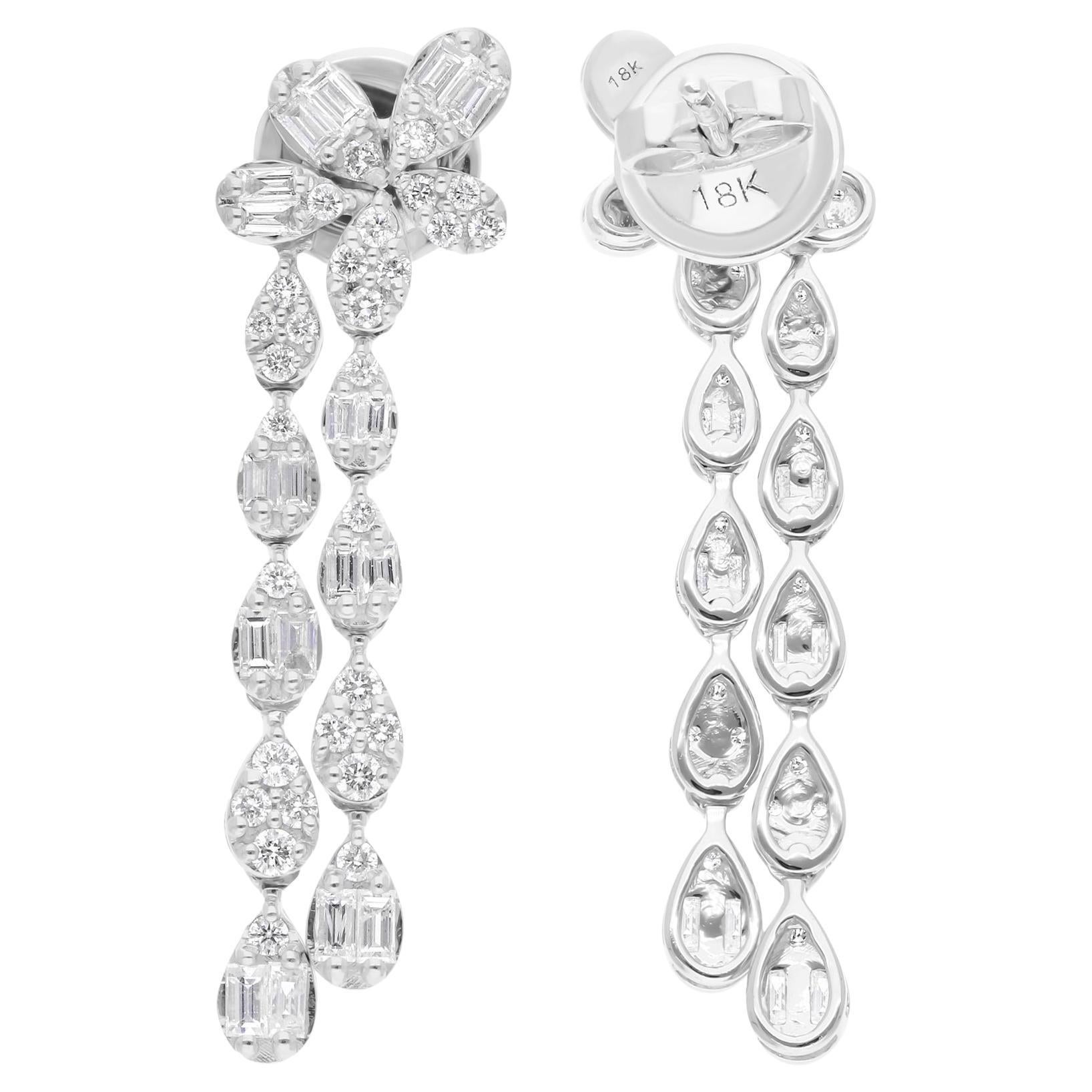 Pendientes de diamantes talla brillante redondos baguette SI/H de 1,3 quilates y 18 quilates de oro blanco